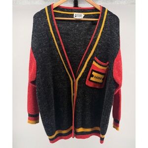 Vintage Michel Sport Cardigan Sweater Black Red Yellow Patch Badge Knit Size S